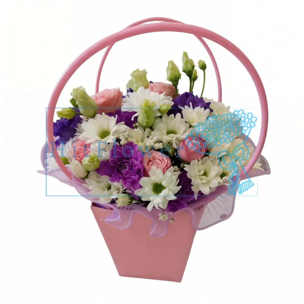 Композиция из живых цветов Лирика утра Цветочная композиция из Розы, Хризантемы и Лизиантусы